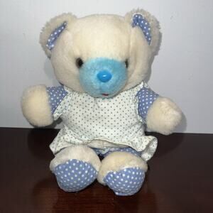 Vintage Shalom Toy Co White Teddy Bear Plush Blue Polka Dot Dress Cottagecore